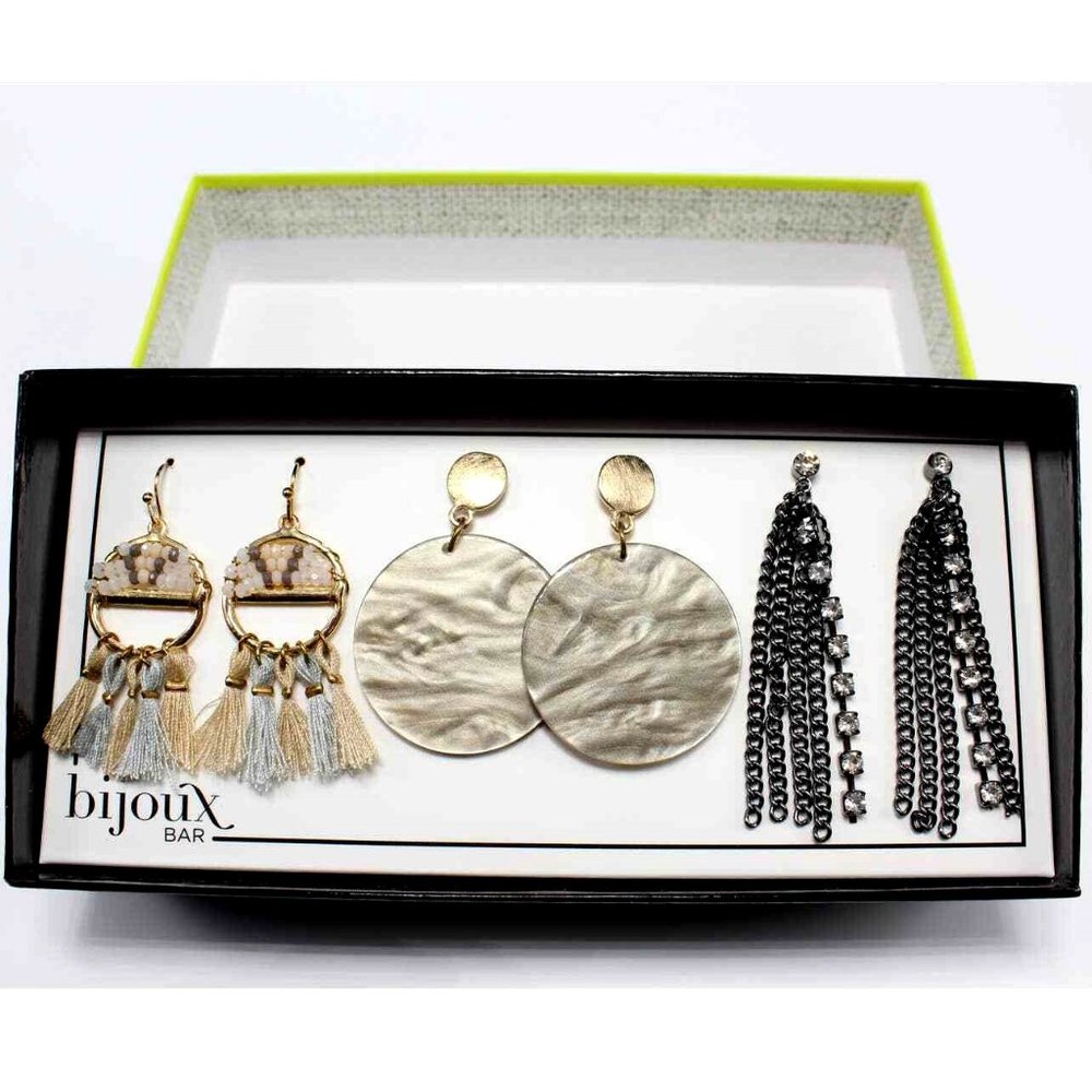 Bijoux Bar 3 Pair Dangle Earrings-Gold Gunmetal MOP Tassels Crystals Gift Box
